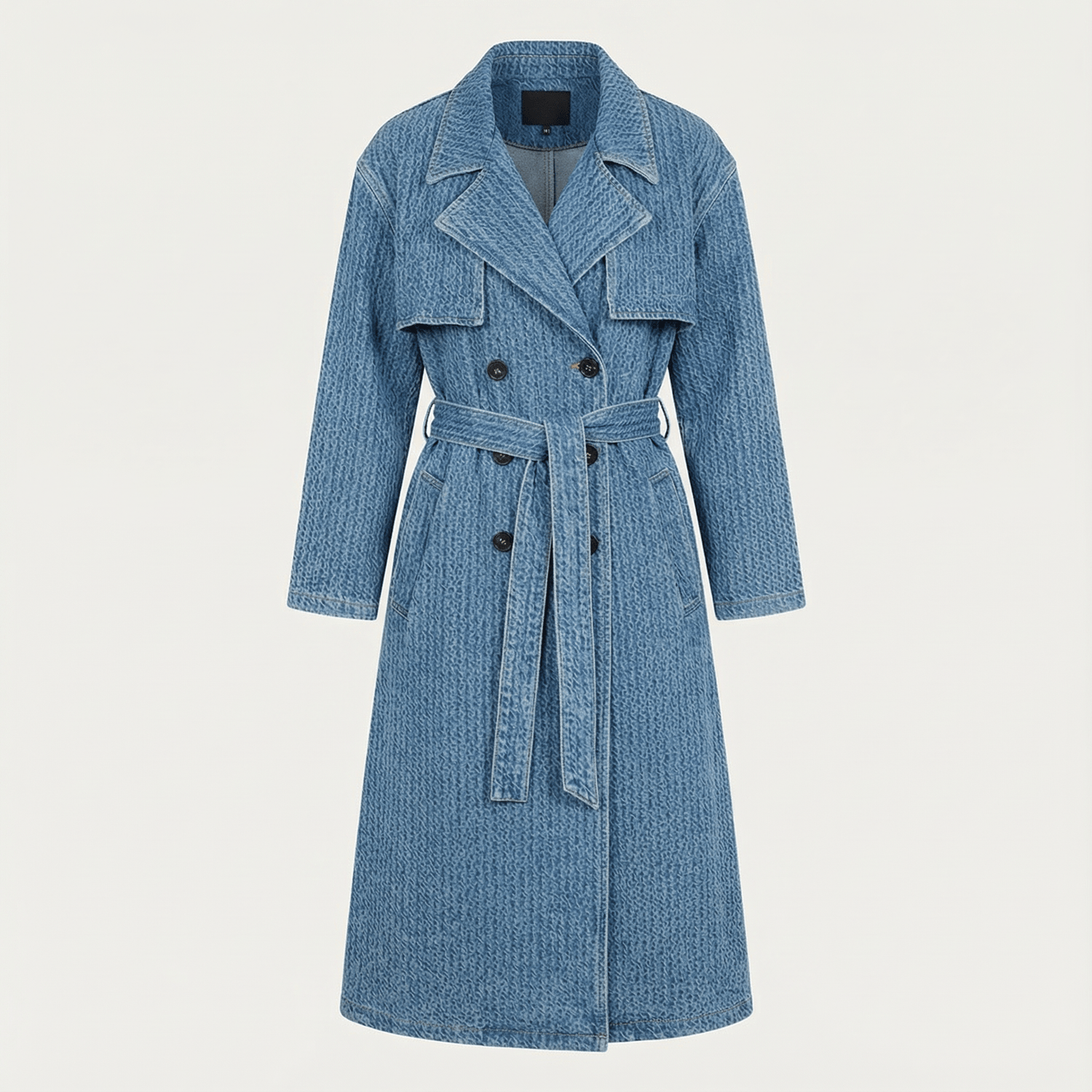 Textured Denim Waist Belted Trench Coat