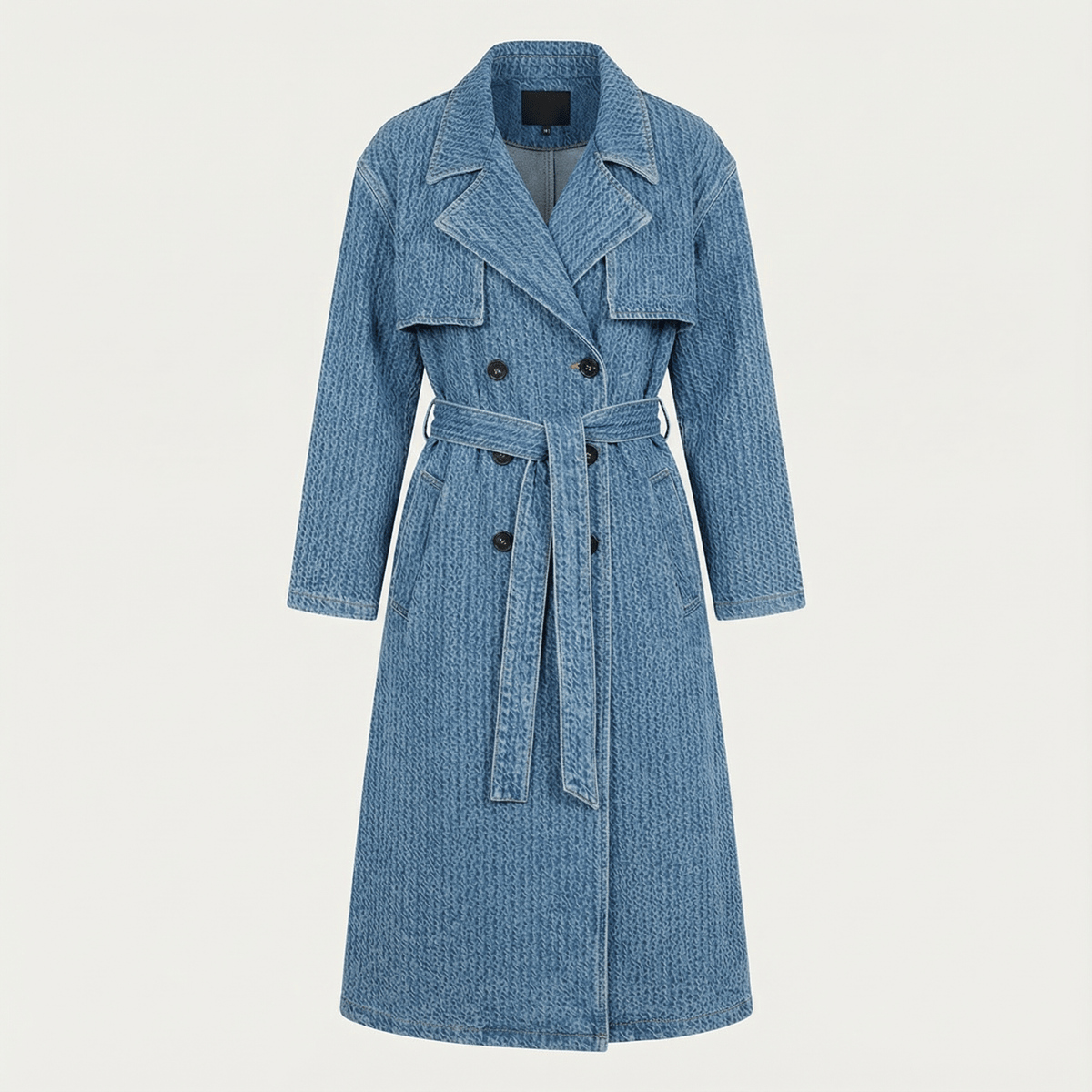 Textured Denim Waist Belted Trench Coat in cotton, angled product view showing product details