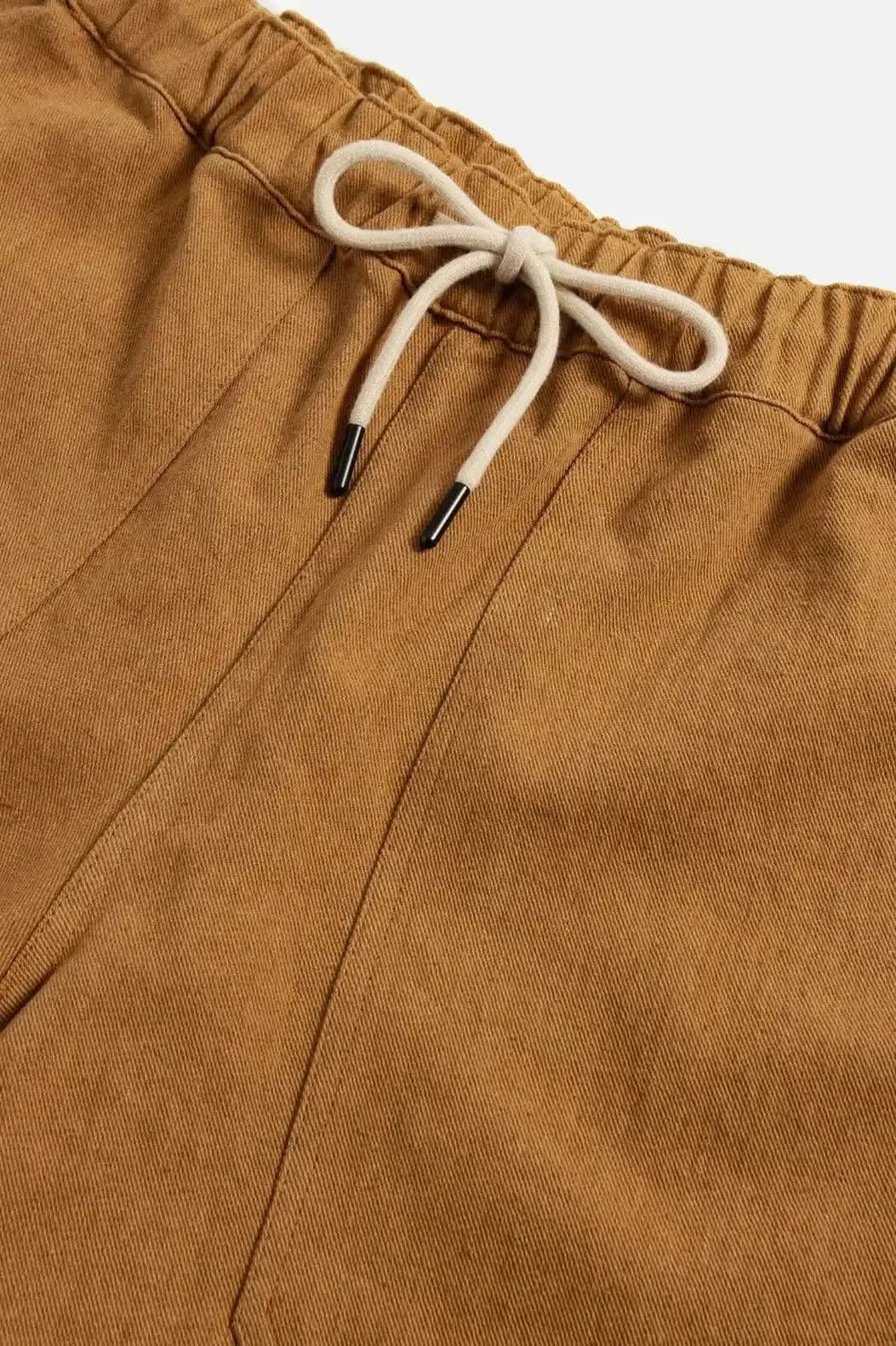 Detailed view of the Desert Sand Palm Springs pull-on shorts' drawstring waistband and linen-blend texture for a refined finish.