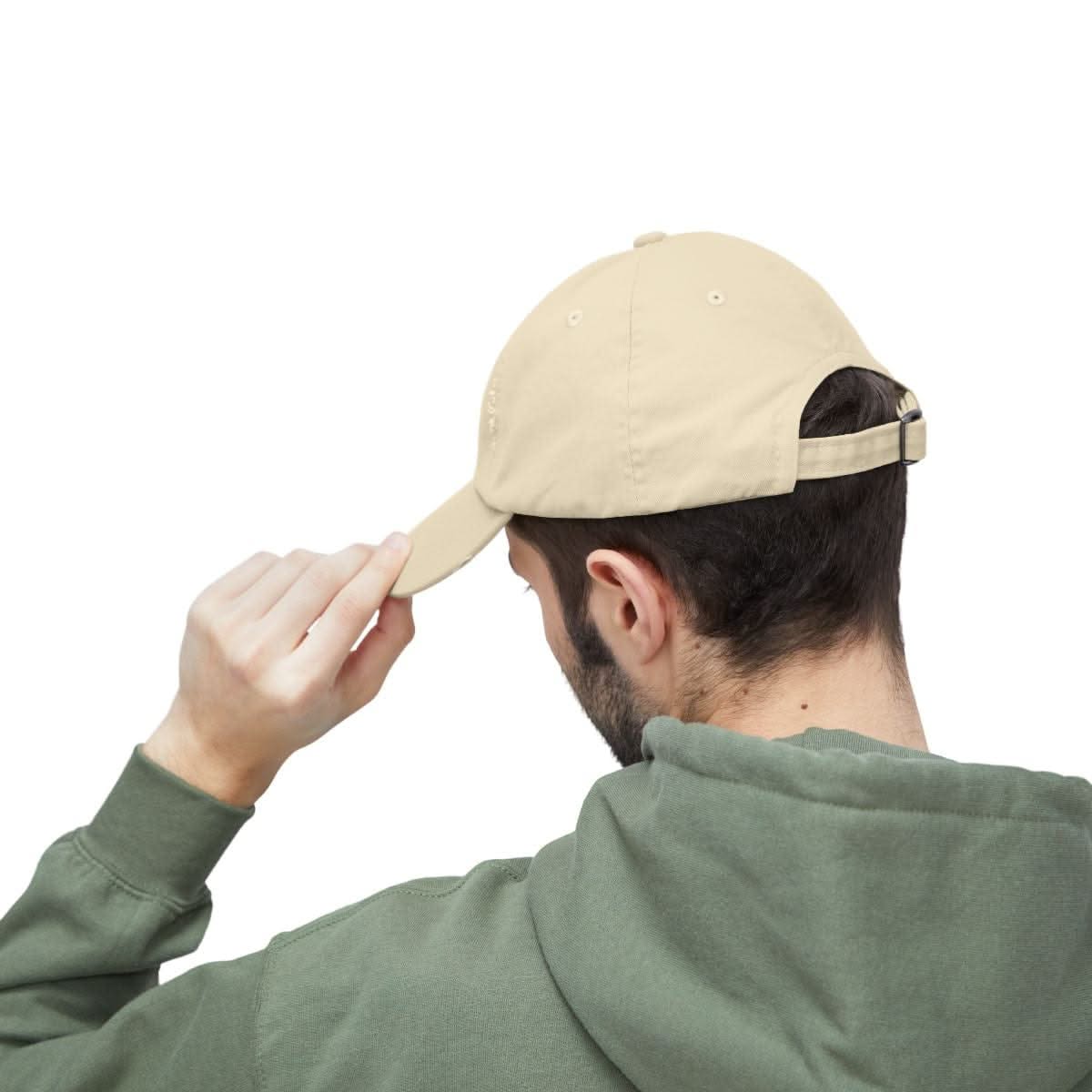 Distressed Cotton Twill Hat in cotton, lifestyle view showing product details