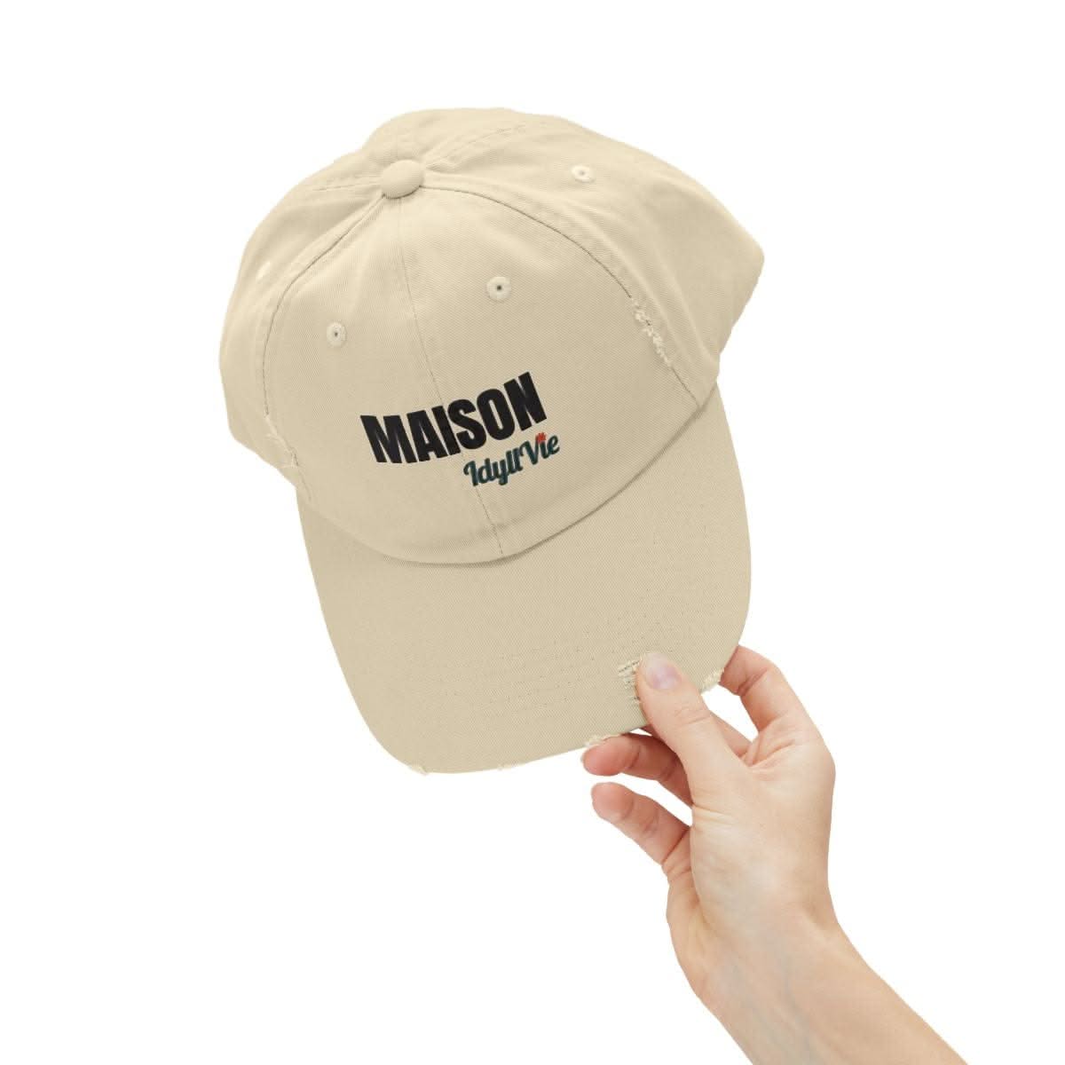 Distressed Cotton Twill Hat in cotton, lifestyle view showing product details