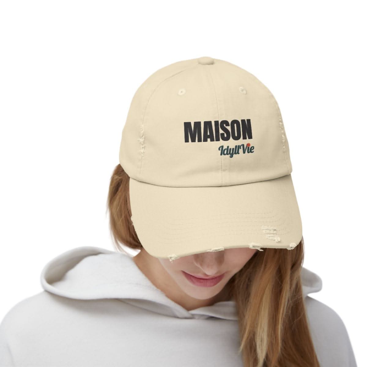 Distressed Cotton Twill Hat in cotton, lifestyle view showing product details