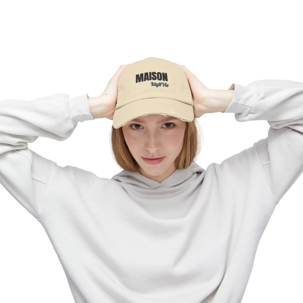 Distressed Cotton Twill Hat in cotton, lifestyle view showing product details