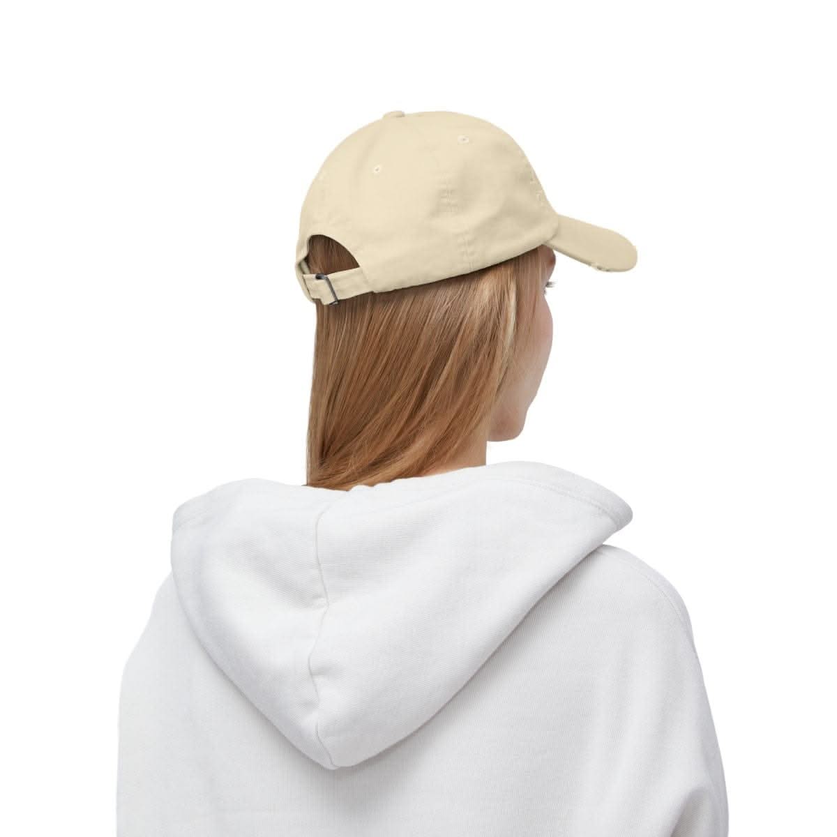Distressed Cotton Twill Hat in cotton, lifestyle view showing product details