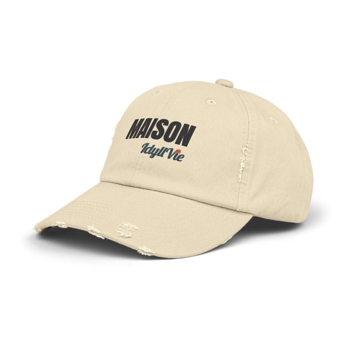 Distressed Cotton Twill Hat in cotton, lifestyle view showing product details