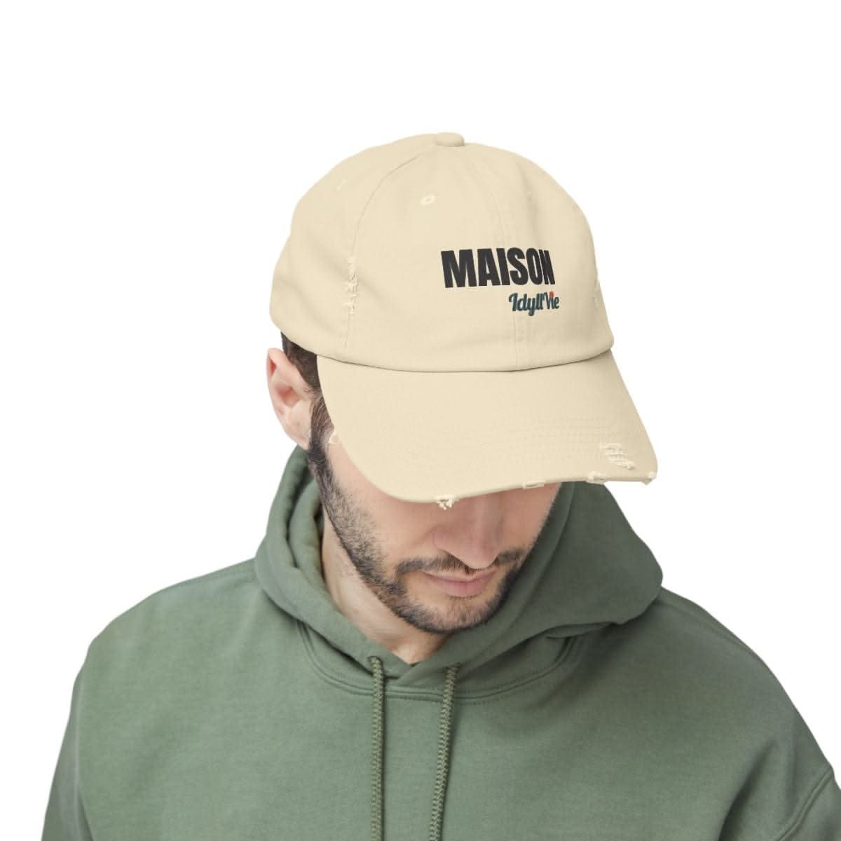 Distressed Cotton Twill Hat in cotton, lifestyle view showing product details