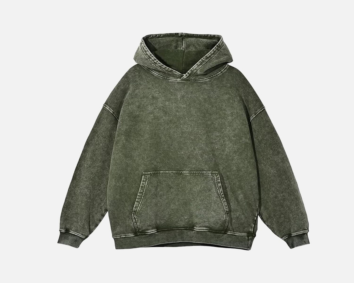 Premium 100% Cotton Hoodie in vintage olive green with relaxed fit and kangaroo pocket, ideal for streetwear and casual layering.