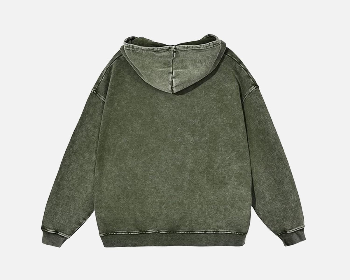 Back view of relaxed fit cotton hoodie in washed olive green, showcasing soft heavyweight fabric and streetwear appeal.