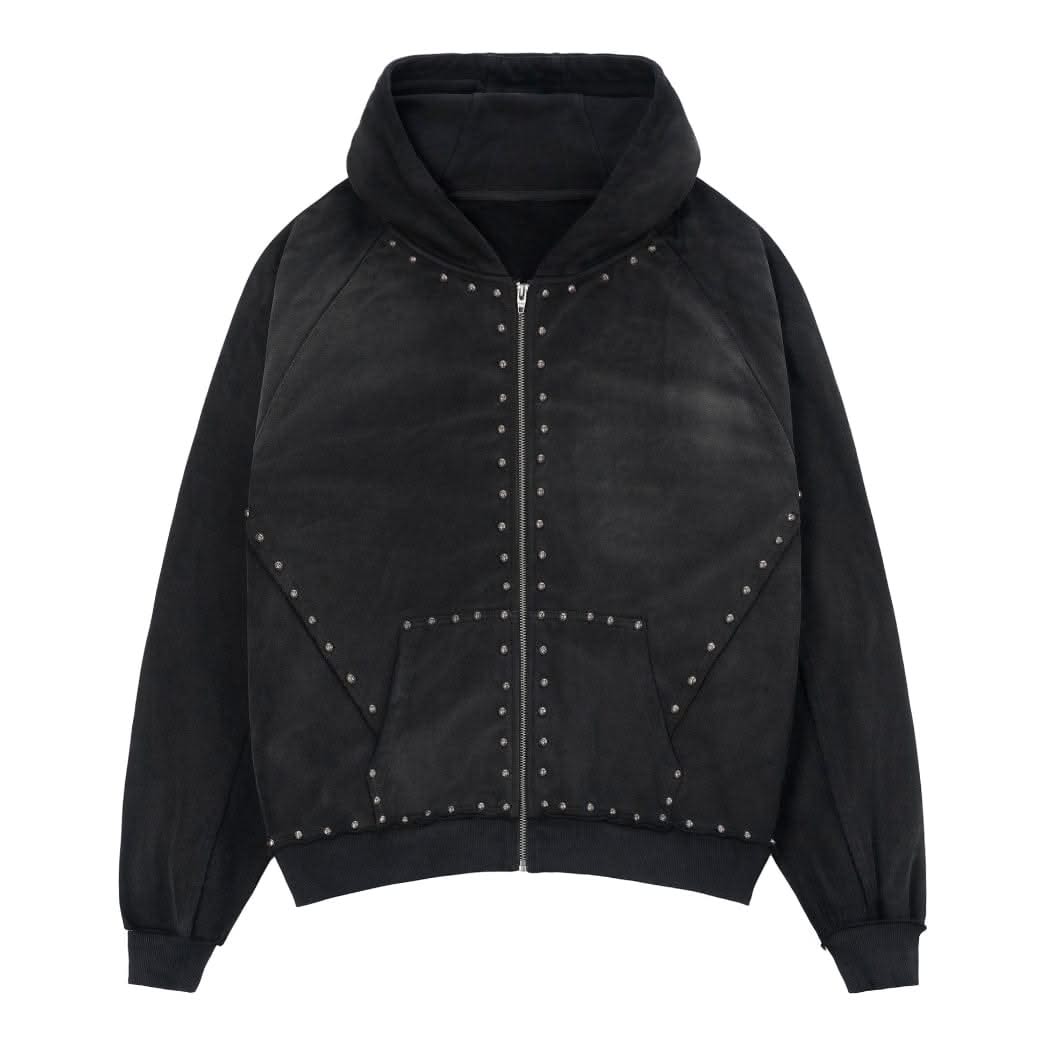 Unisex black hoodie with front zip and metal studs, made from 100% cotton for a vintage rugged look. Features kangaroo pockets and ribbed cuffs.