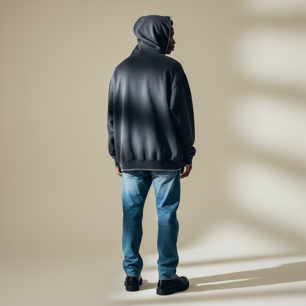 Rear view of model in IdyllVie Charcoal Hoodie, displaying unique sunfade effect and relaxed fit for everyday wear.