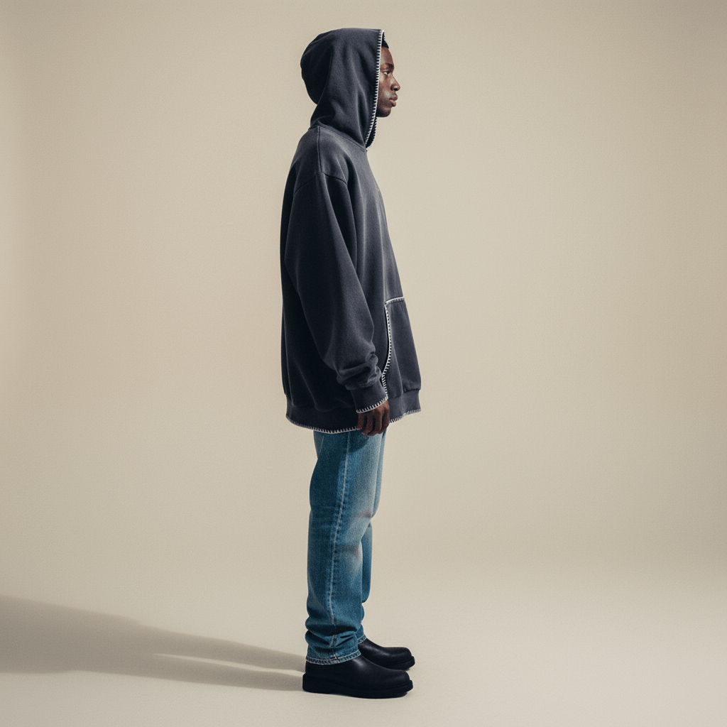 Side profile of model in IdyllVie Charcoal Hoodie, emphasizing oversized silhouette and premium stitching details.