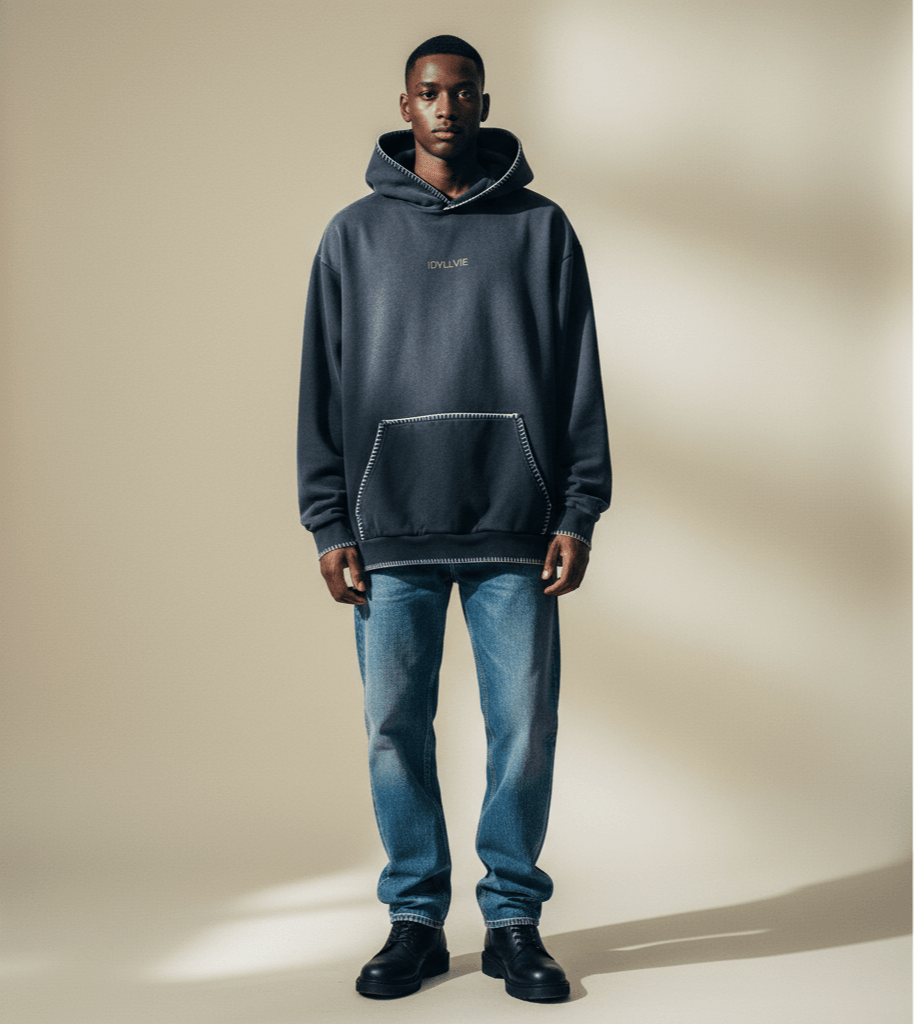 Model wearing IdyllVie Charcoal Hoodie with jeans and boots, showcasing relaxed fit and urban streetwear appeal.