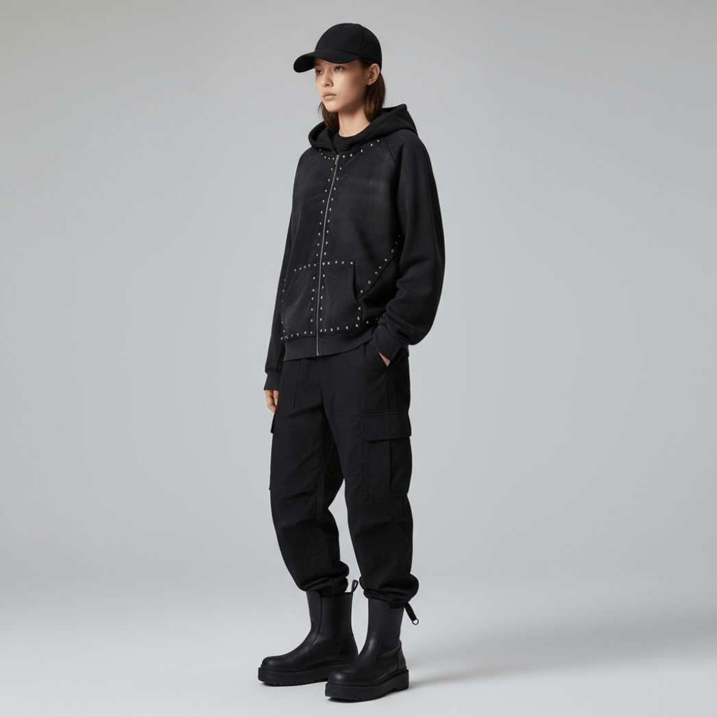 Female model in black studded zip-up hoodie and combat boots. Unisex design with minimalist vintage appeal and durable cotton fabric.