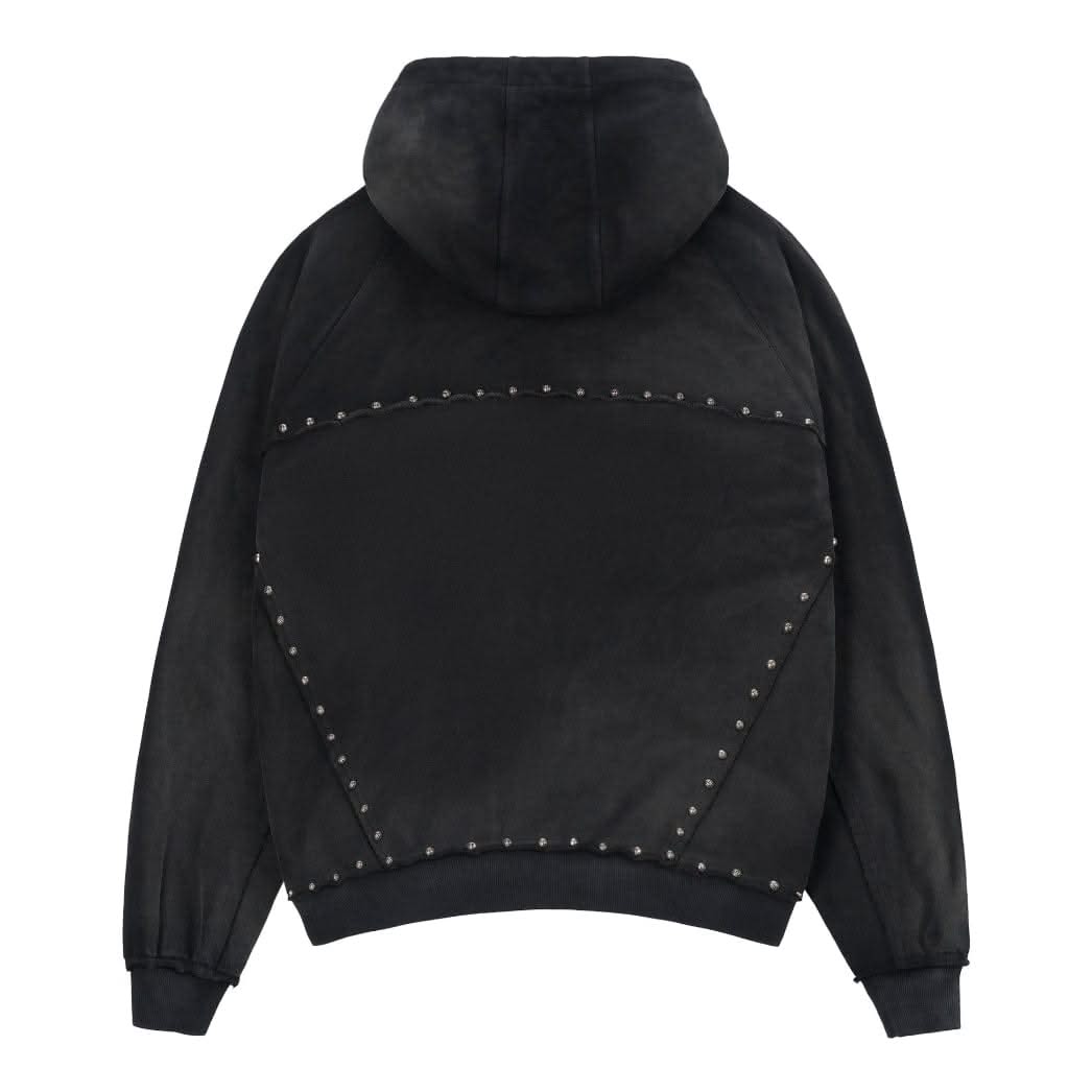 Unisex Black Hoodie - Zip-Up Studs | 100% Cotton, Vintage Look
