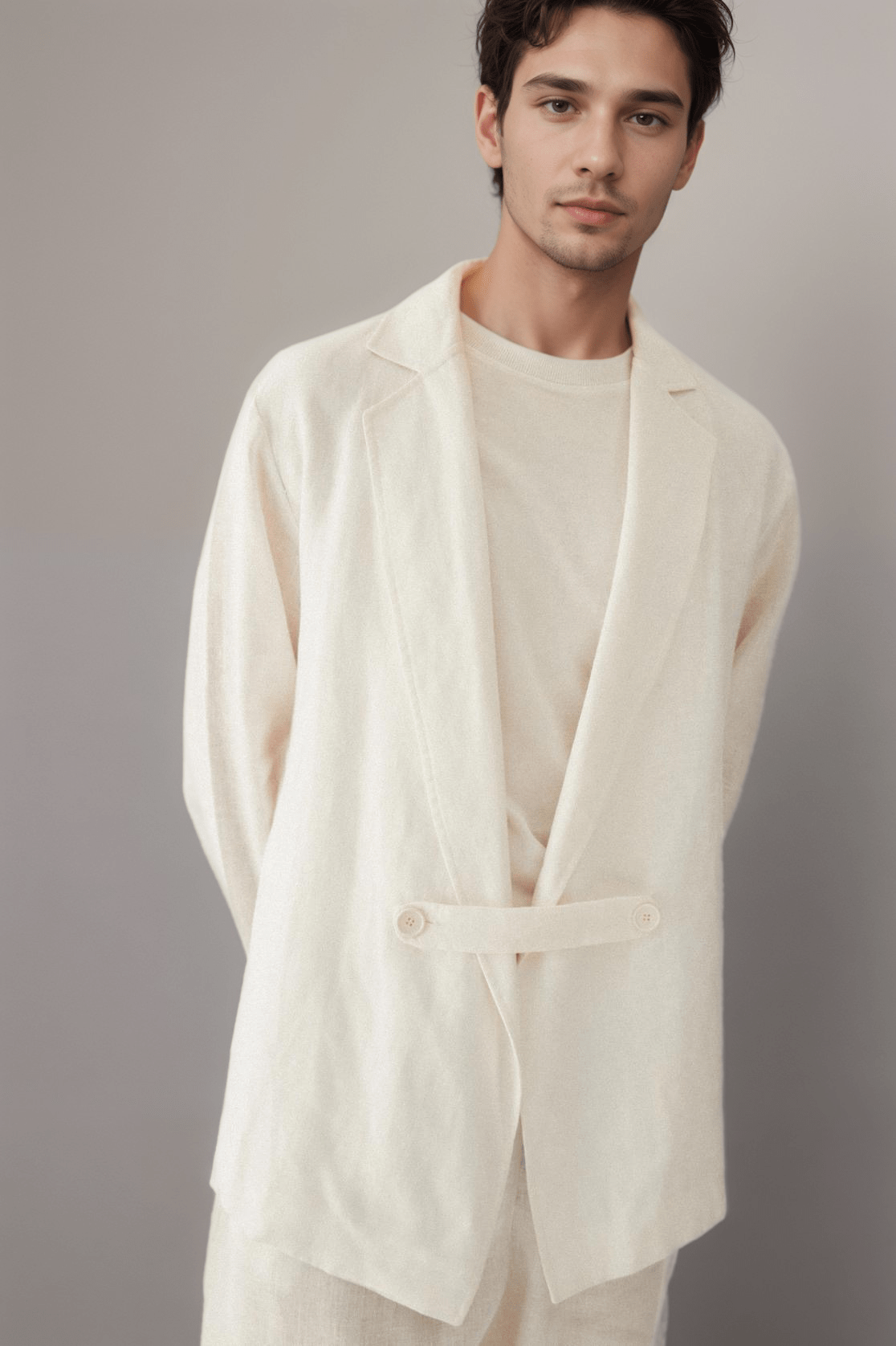Oversized Linen Blazer in cream 100% linen, angled product view showing product details