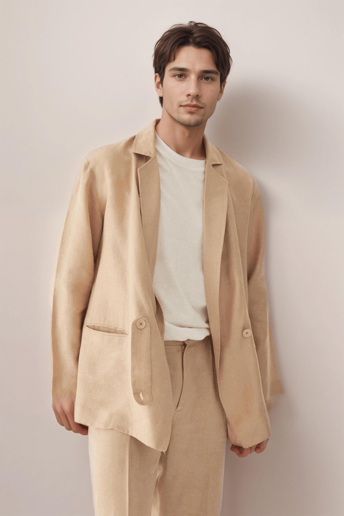 Oversized Linen Blazer in white 100% linen, angled product view showing product details