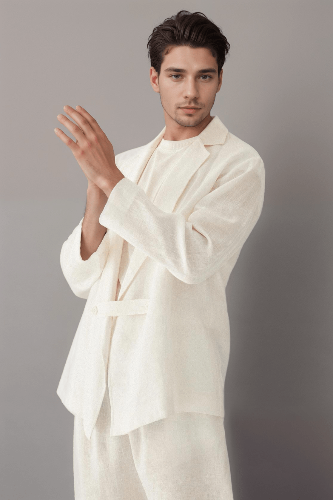 Oversized Linen Blazer in cream 100% linen, fit and styling view showing product details