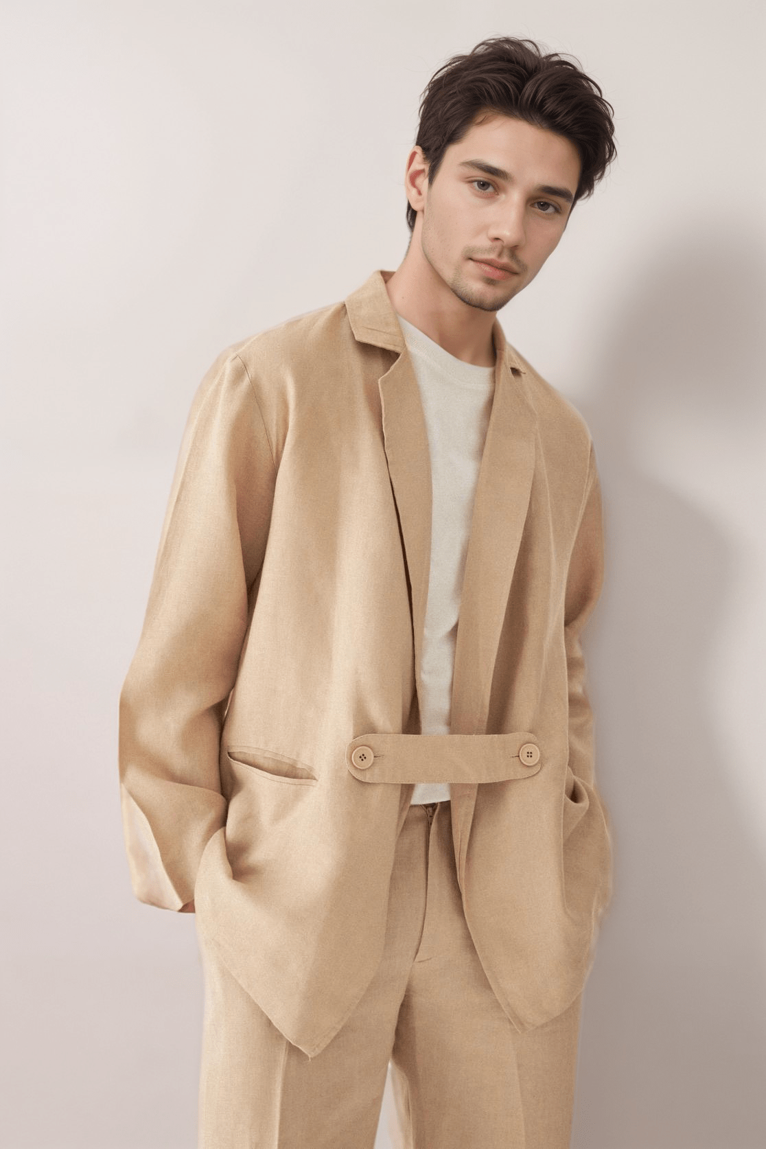 Oversized Linen Blazer in white 100% linen, detail product view showing product details