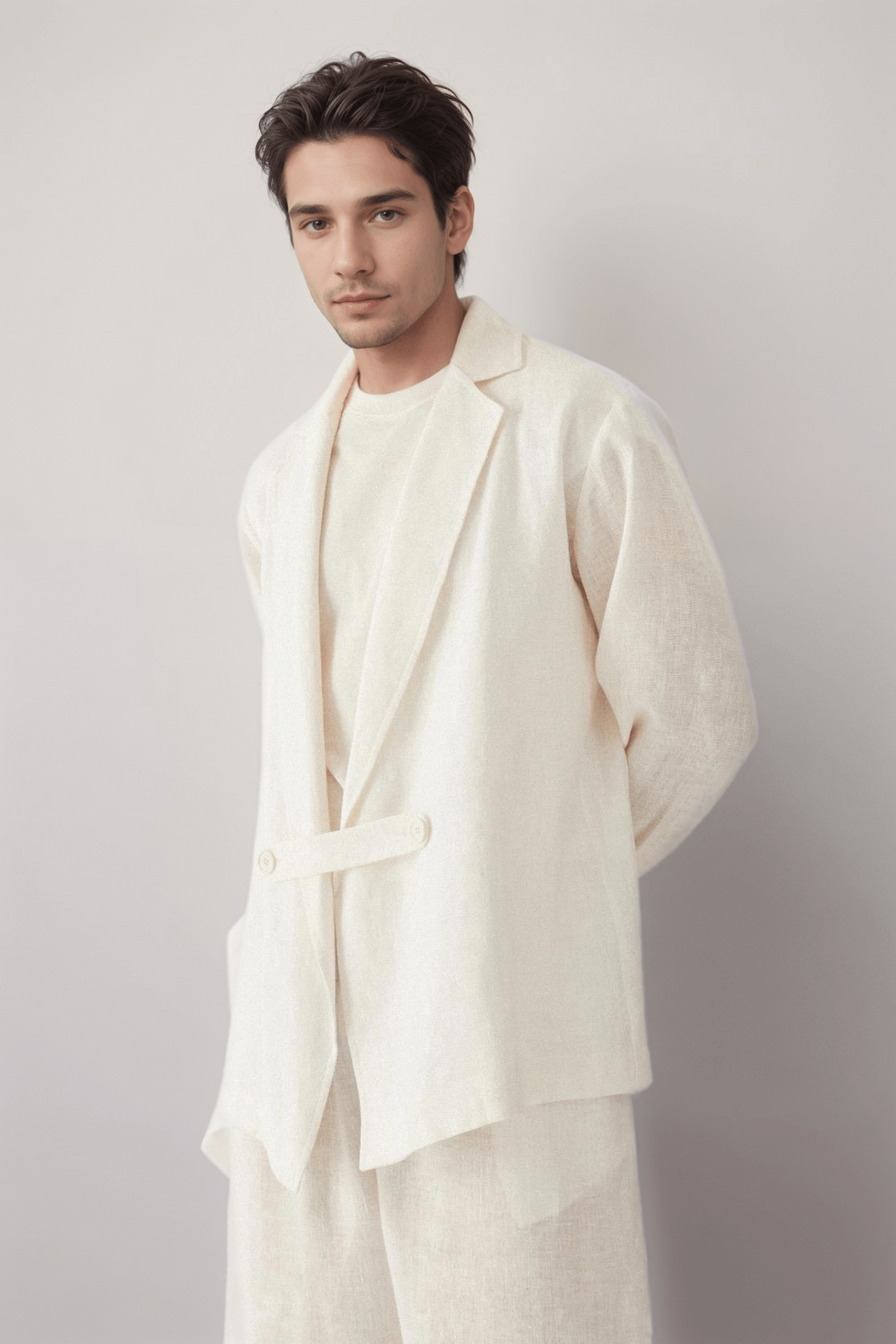 Oversized Linen Blazer in cream 100% linen, detail product view showing product details