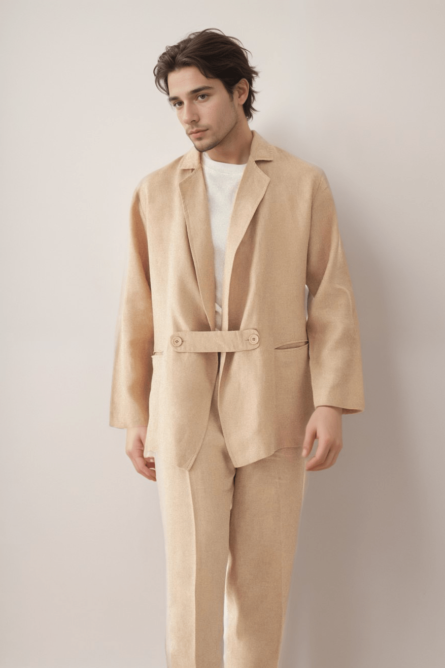 Oversized Linen Blazer in white 100% linen, fit and styling view showing product details