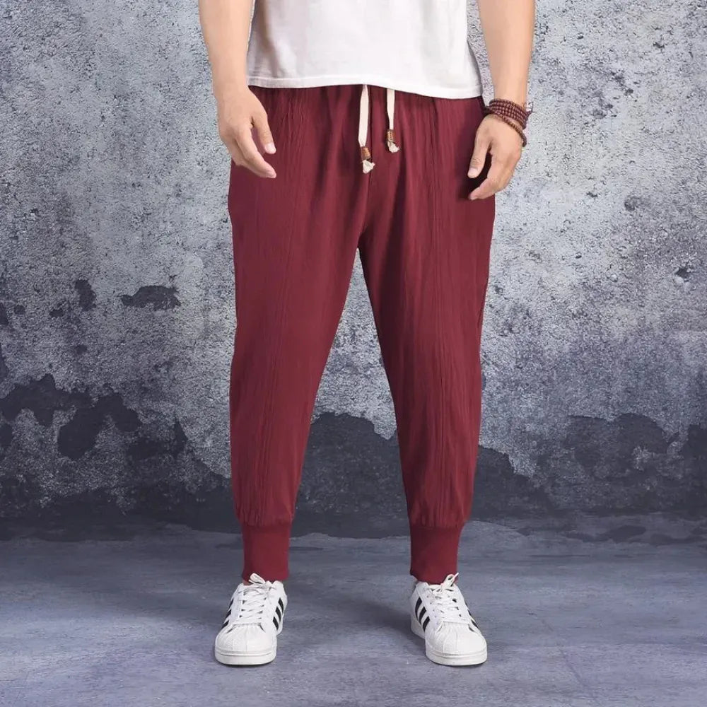Men Harem Pants Cotton Linen - Casual Elastic Waist Joggers