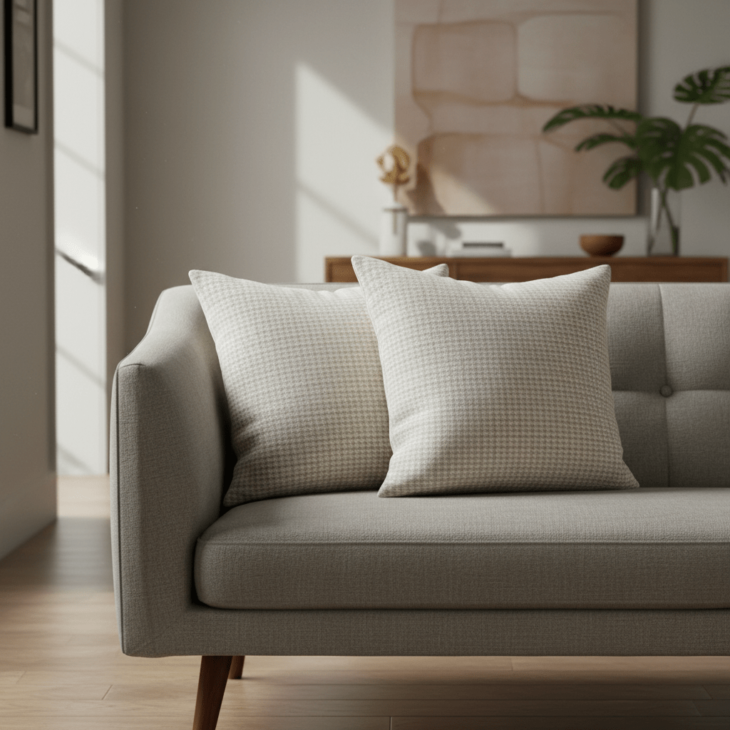 IdyllVie Plaid Alpaca Pillow Covers on a light grey couch in a sunlit room, blending comfort and style in minimalist decor.