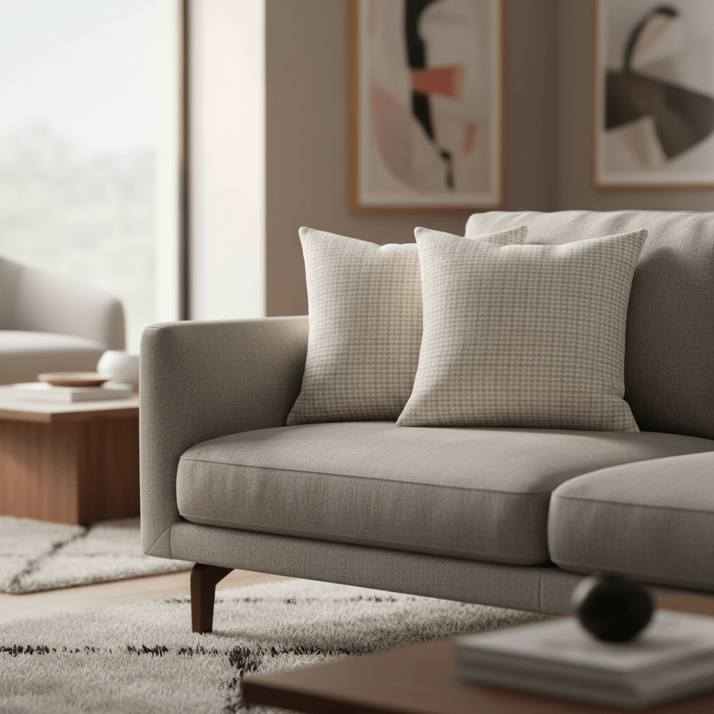 IdyllVie Alpaca Pillow Covers styled on a modern grey sofa, adding cozy elegance to a contemporary living room decor.