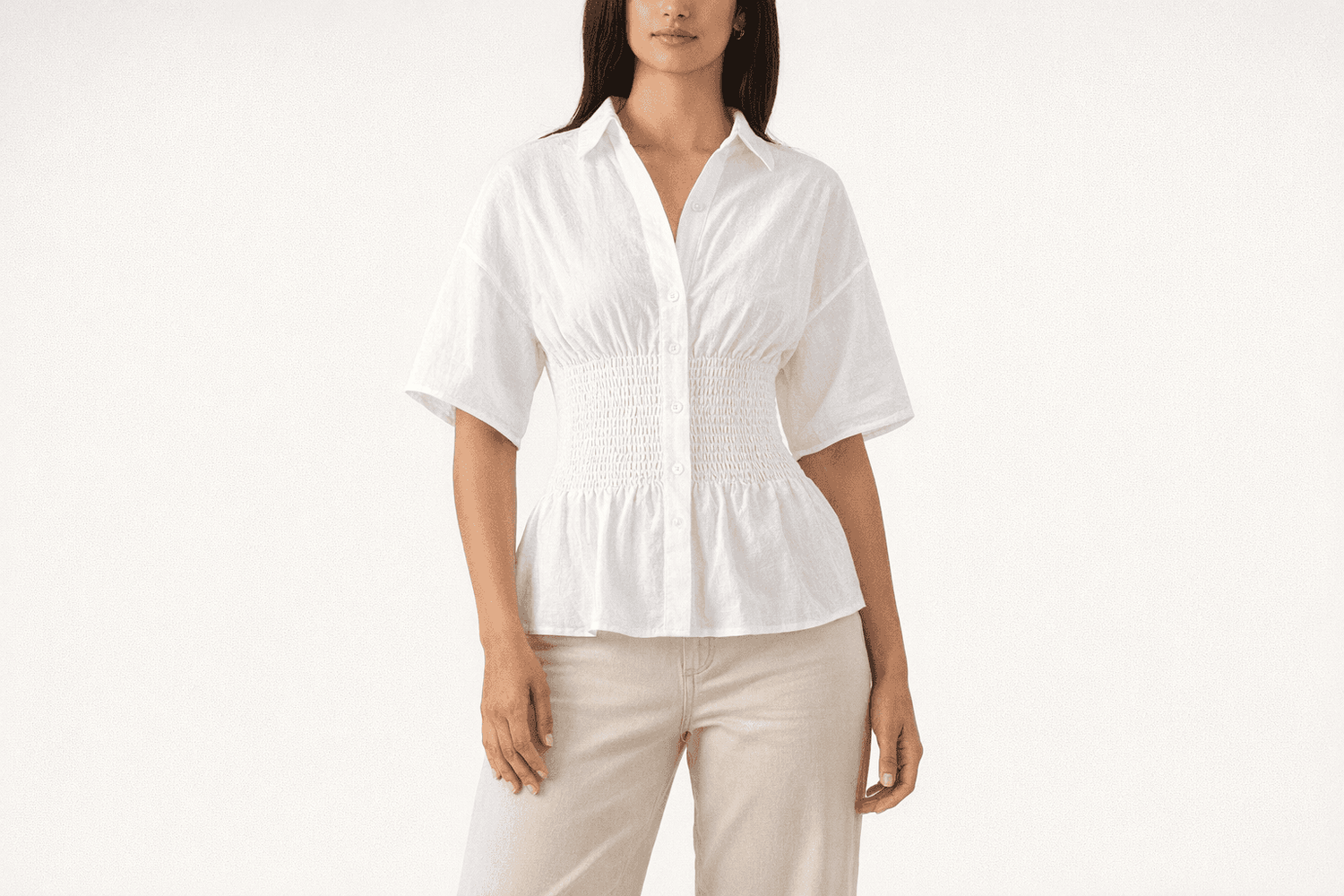 IdyllVie Cotton Batwing Sleeve Shirt in White shirt lifestyle image on model with refined IdyllVie styling