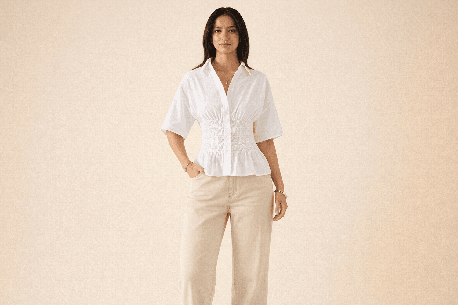 IdyllVie Cotton Batwing Sleeve Shirt in White shirt outfit styling image with refined IdyllVie styling