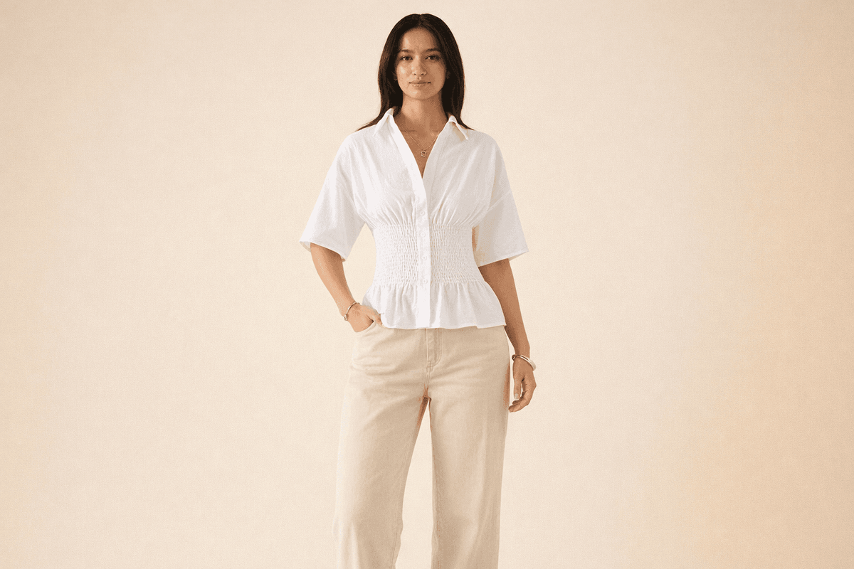 IdyllVie Cotton Batwing Sleeve Shirt in White shirt outfit styling image with refined IdyllVie styling