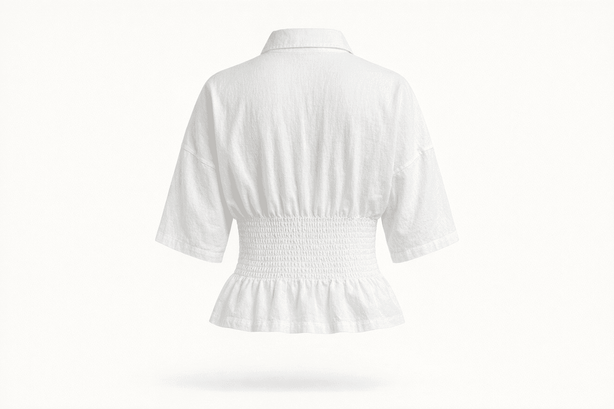 IdyllVie Cotton Batwing Sleeve Shirt in White shirt neutral background ecommerce image with refined IdyllVie styling