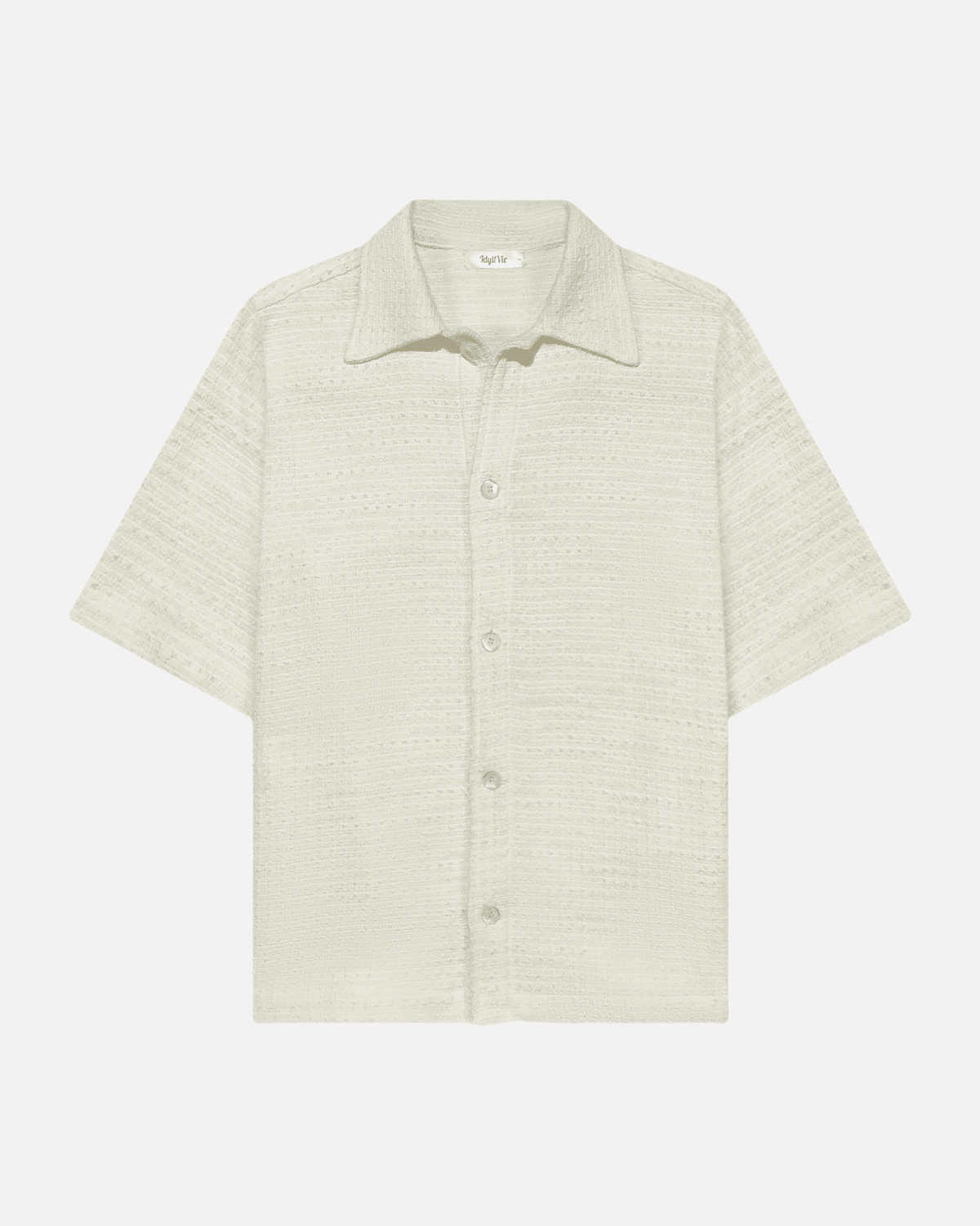 Cotton Bouclé Overshirt in off-white with short sleeves, button-up front, and textured bouclé fabric. Perfect for casual or semi-formal wear.