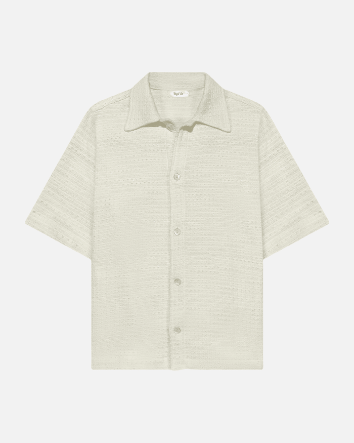 Cotton Bouclé Overshirt in off-white with short sleeves, button-up front, and textured bouclé fabric. Perfect for casual or semi-formal wear.