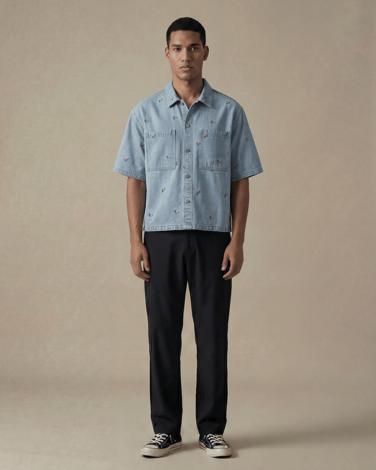 Embroidered Denim Shirt with Floral Detail