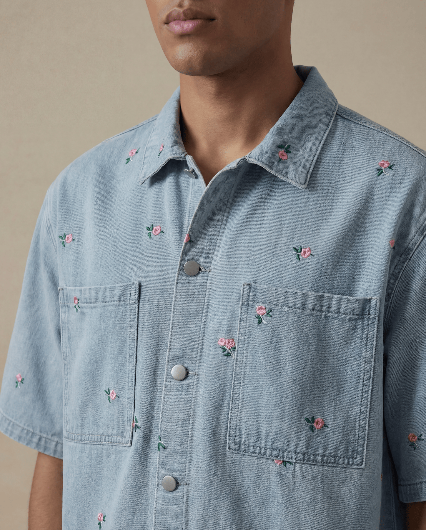 Embroidered Denim Shirt with Floral Detail