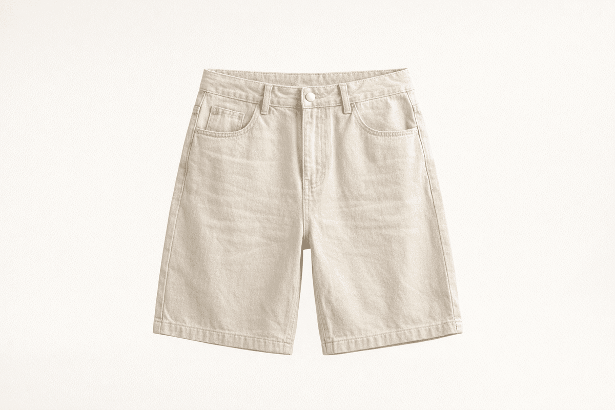 Essential Denim Shorts in Cream and White in Cream shorts foundation studio front product with refined IdyllVie styling