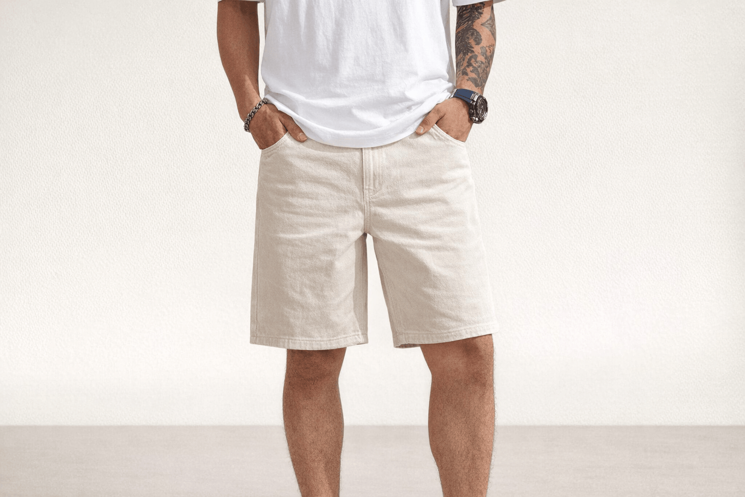 IdyllVie Cream and White Denim Shorts for Men in white cotton, angled product view showing front pockets