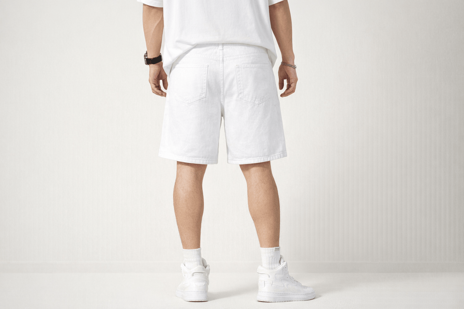 Essential Denim Shorts in Cream and White in White shorts foundation on-model back full with refined IdyllVie styling