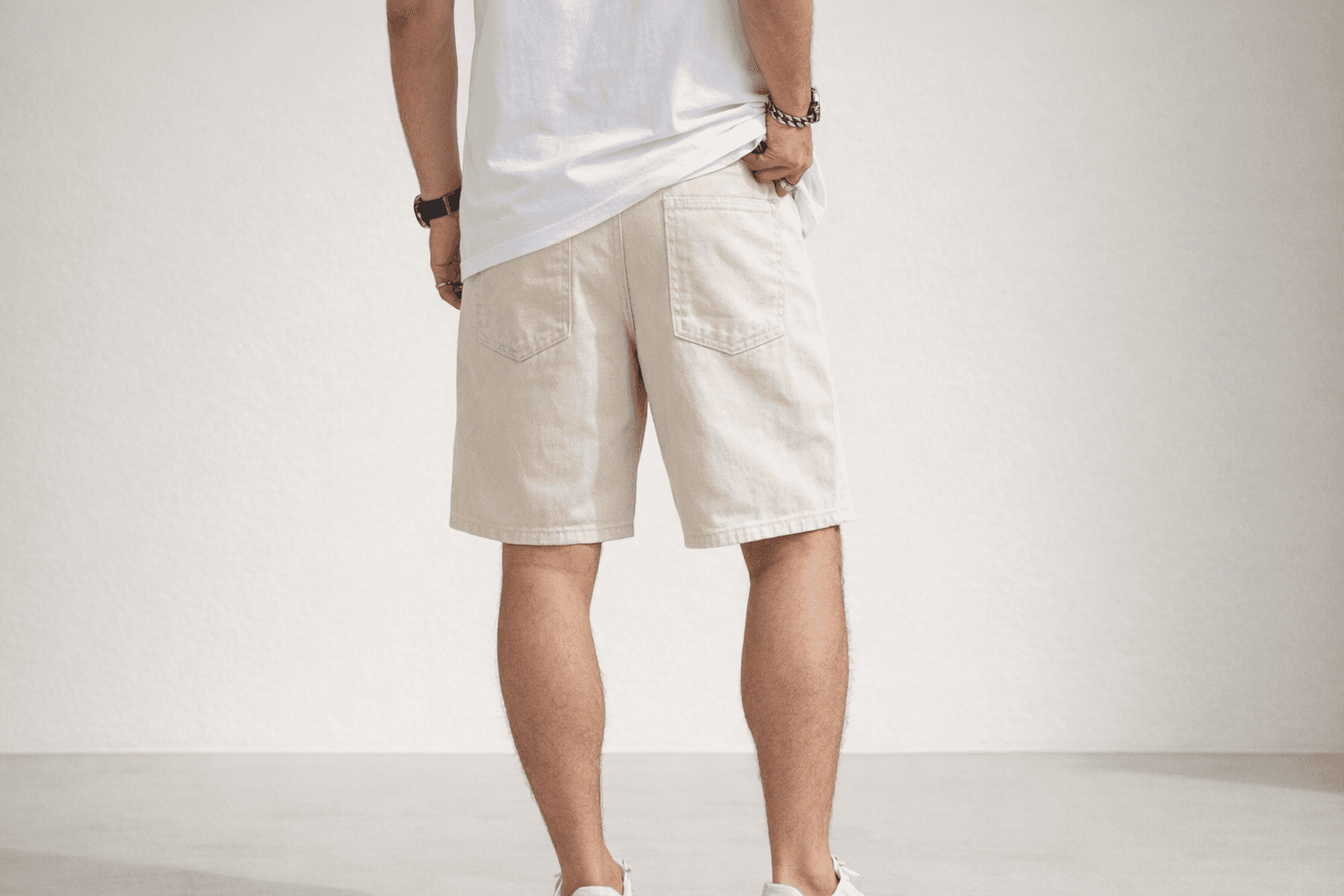 Essential Denim Shorts in Cream and White in Cream shorts foundation on-model back full with refined IdyllVie styling
