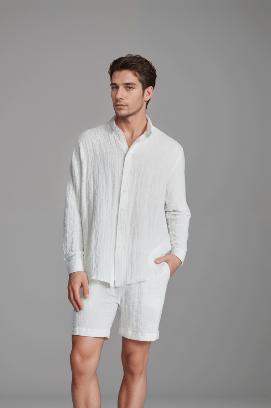 The Porterville Shorts in white 100% cotton muslin, front product view showing drawstring waist, front pockets, cotton muslin texture