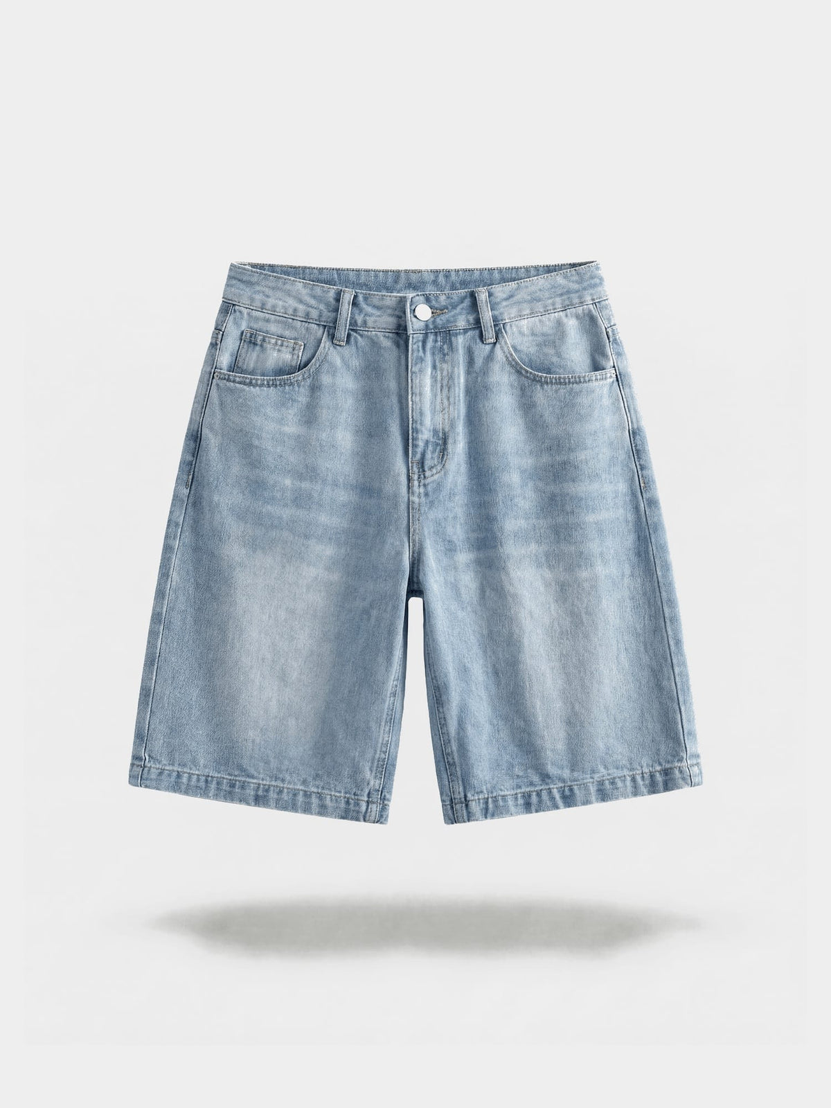 Stonewashed Denim Bermuda Shorts in stonewashed cotton, lifestyle view showing front pockets