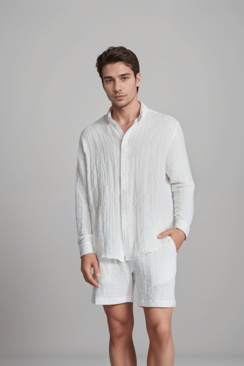 The Porterville Shorts in white 100% cotton muslin, angled product view showing drawstring waist, front pockets, cotton muslin texture