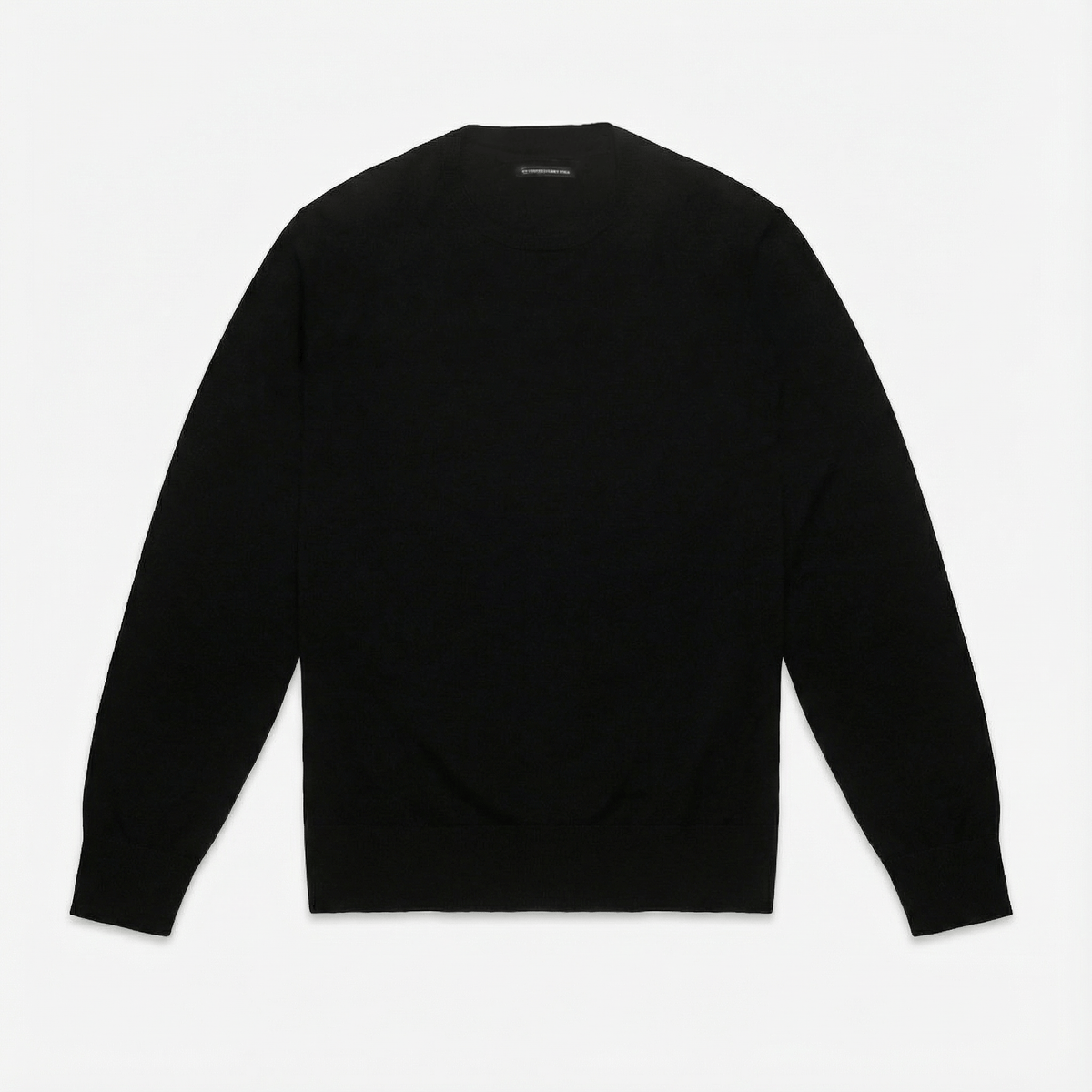 Merino Wool Crew Neck Sweater in black merino wool, front product view showing crew neck fit and everyday styling