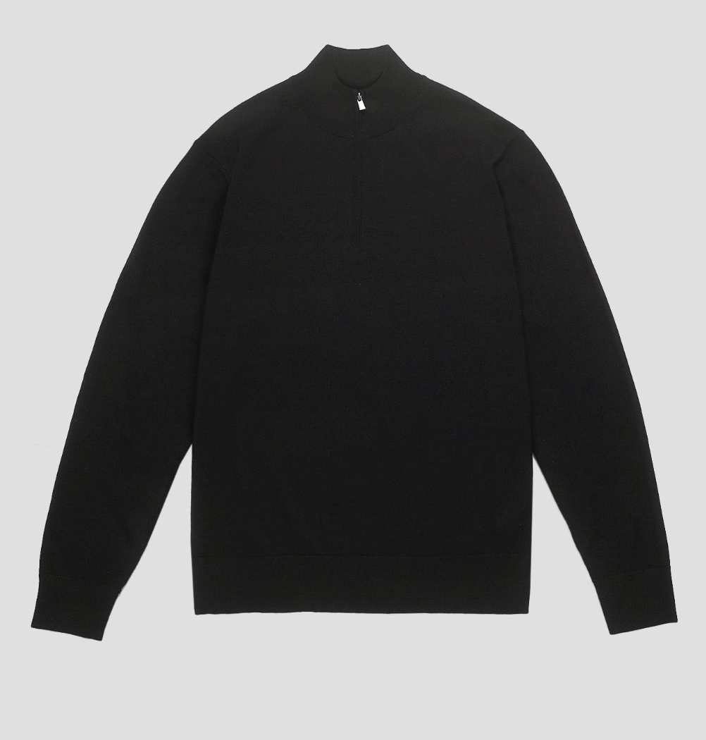 Merino Wool Quarter-Zip Sweater in black merino wool, front product view showing product details