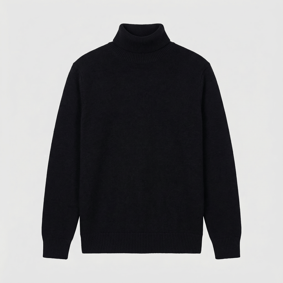 Merino Wool Sport Turtleneck in black merino wool, front product view showing product details