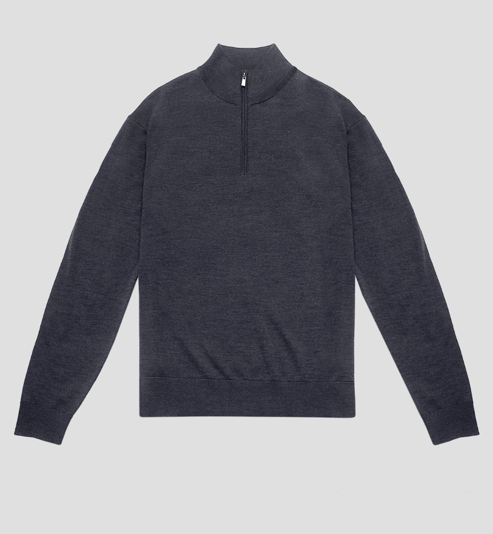 Merino Wool Quarter-Zip Sweater in charcoal merino wool, fit and styling view showing product details