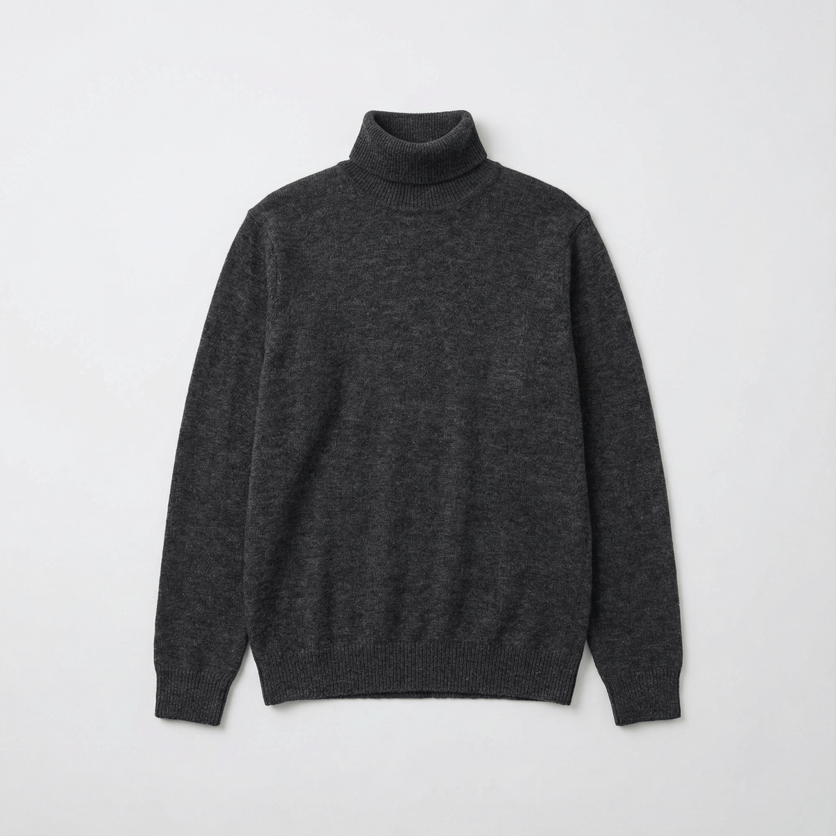Merino Wool Sport Turtleneck in gray merino wool, fit and styling view showing product details