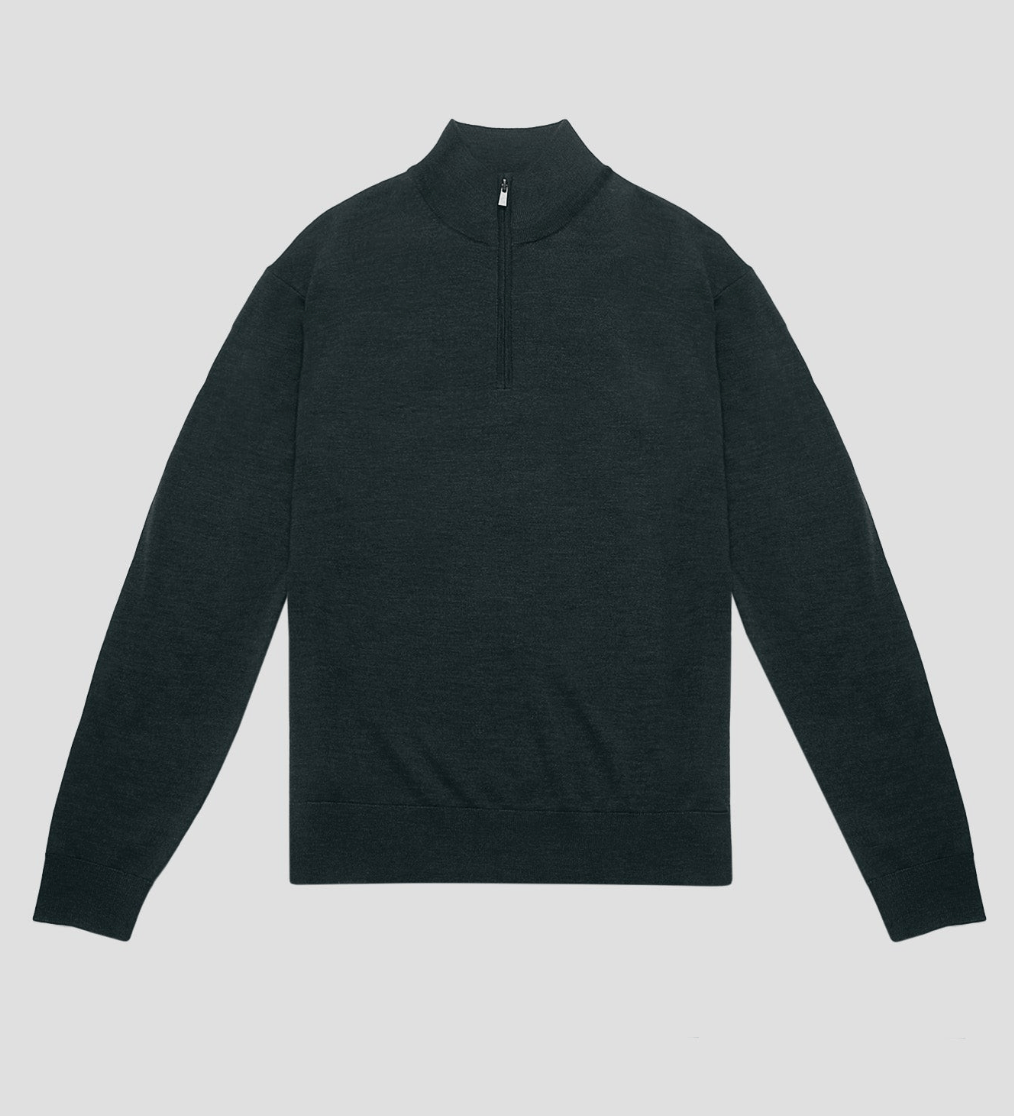 Merino Wool Quarter-Zip Sweater in charcoal merino wool, angled product view showing product details