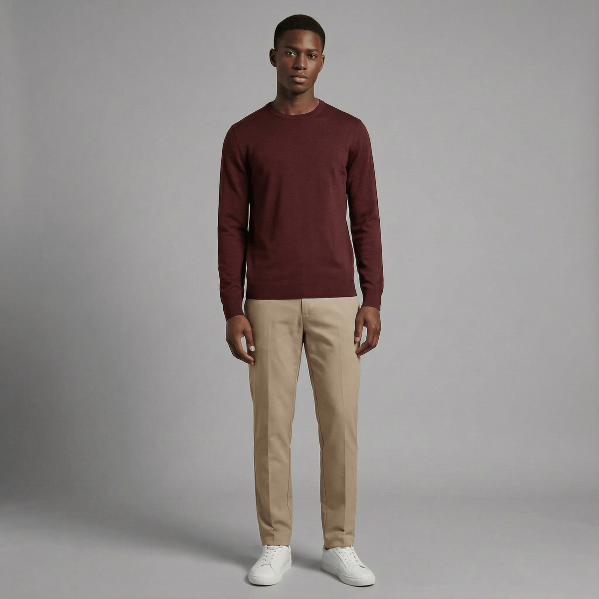 Merino Wool Crew Neck Sweater in burgundy merino wool, detail product view showing crew neck fit and everyday styling