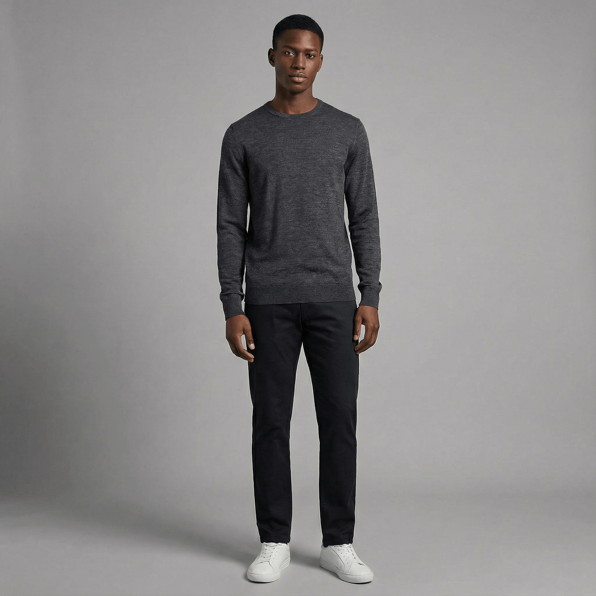 Merino Wool Crew Neck Sweater in charcoal merino wool, alternate product view showing crew neck fit and everyday styling
